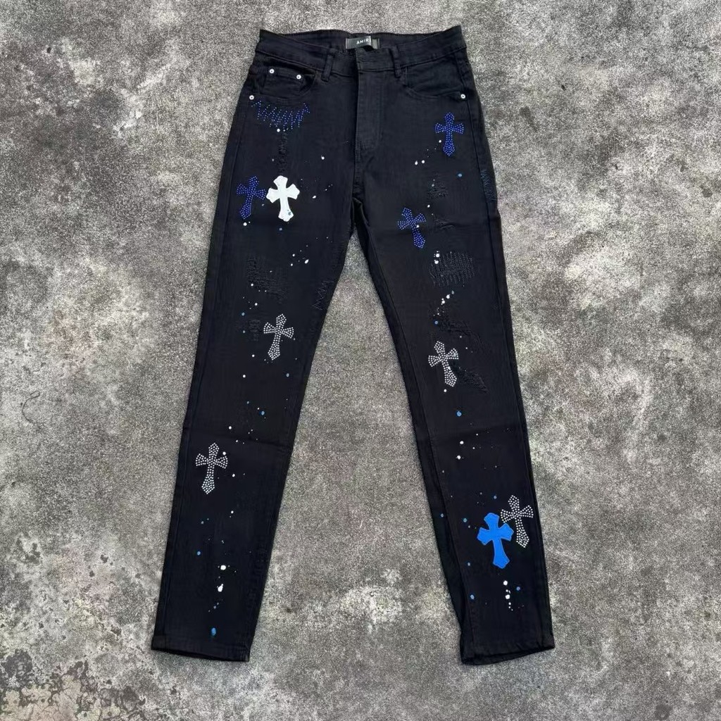 TIEV Amiri Cross Hole Patch กางเกงยีนส์กางเกง amiri Ripped Skinny Stretch Jeans Slim-fit