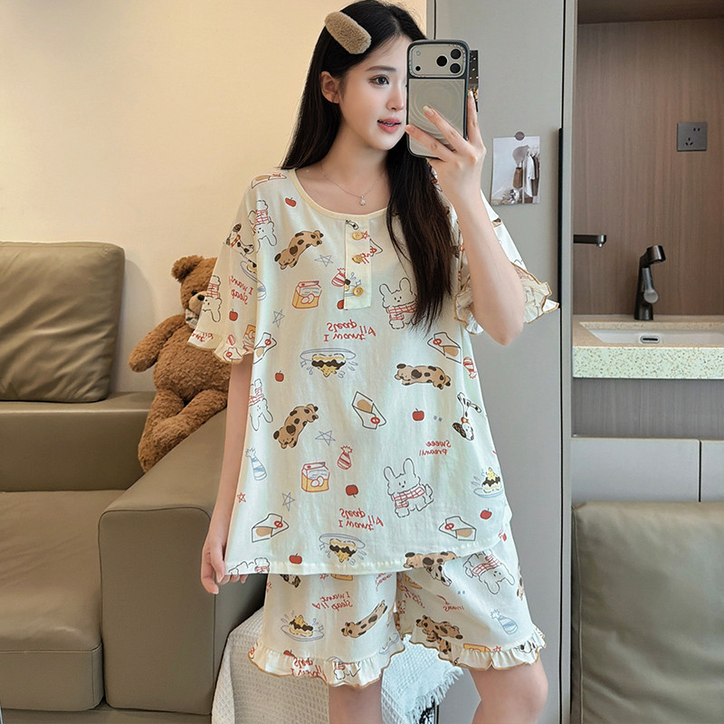 3XL-6XL ชุดนอนขนาดบวกผู้หญิง ชุดนอนผ้าฝ้าย 100% ฤดูร้อนแขนสั้นชุดนอน Wom