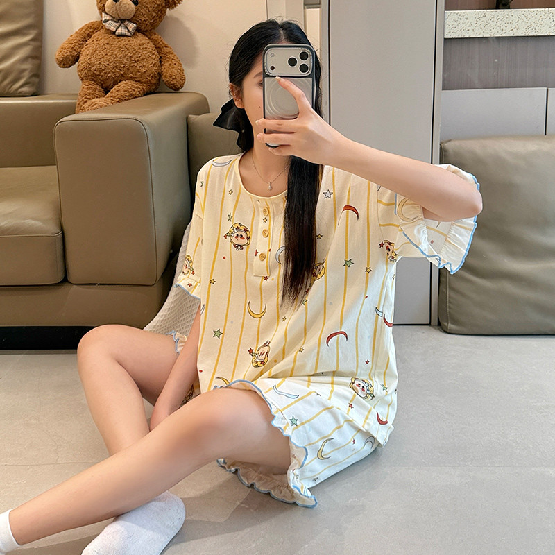3XL-6XL ชุดนอนขนาดบวกผู้หญิง ชุดนอนผ้าฝ้าย 100% ฤดูร้อนแขนสั้นชุดนอน Wom