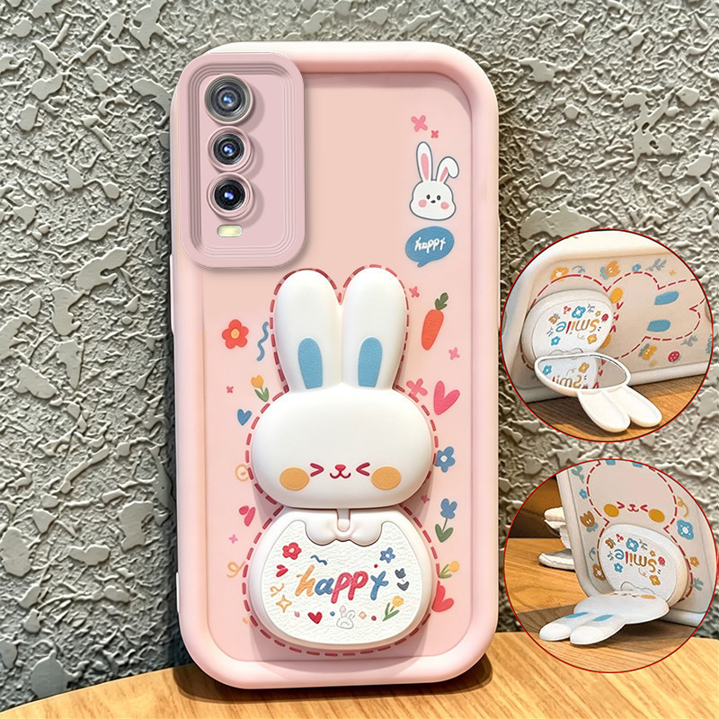 เคสสําหรับ vivo y12s y12a y20 y20s y20i y20s g เคสโทรศัพท์ Softcase ซิลิโคนกันกระแทกกระจกความงามใหม่พร้อมที่วาง 360° กระต่ายน่ารักหมุนได้ สีชมพู สําหรับเด็กผู้หญิง JTXCEZJ3