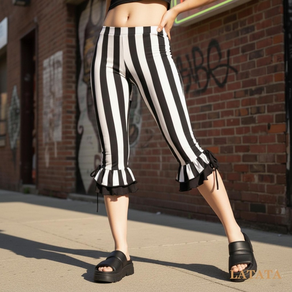 Pop -Womens Capri Pants Elegant Slim Fit Striped Bell Bottom Leggings สําหรับสวมใส่ทุกวันปาร์ตี้วันหยุด