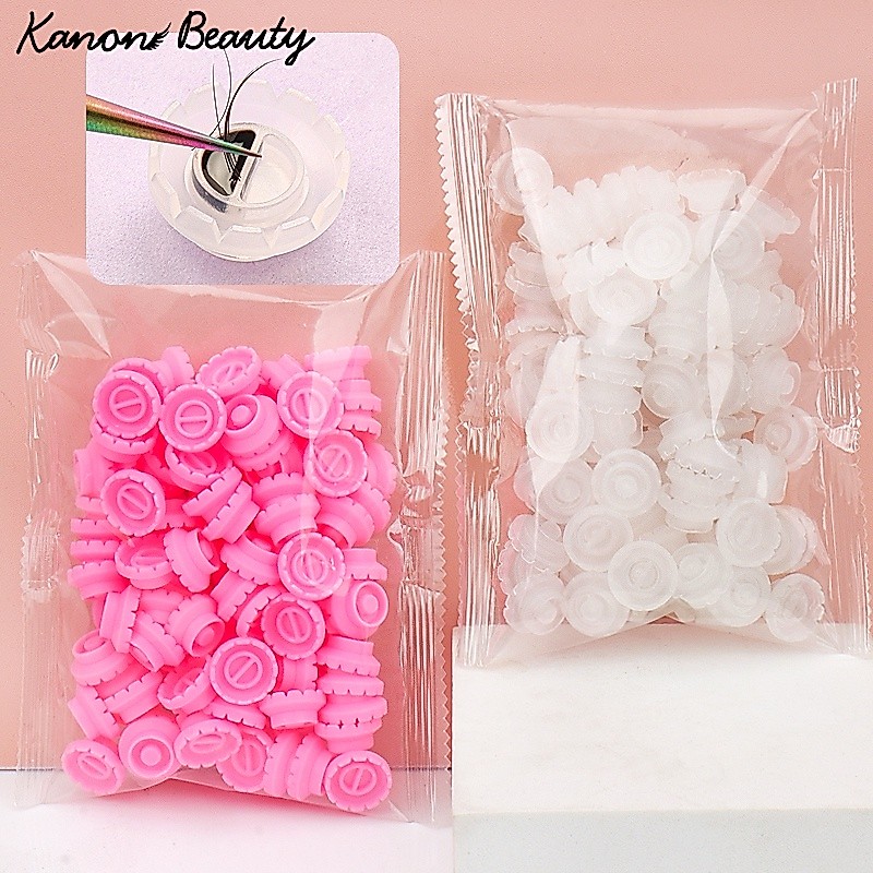 100 ชิ้นขนตาผู้ถือกาว Grafting ขนตาปลอมสีขาวสีชมพู Blossom ถ้วยแหวน Eyelash Extension กาวเครื่องมือ