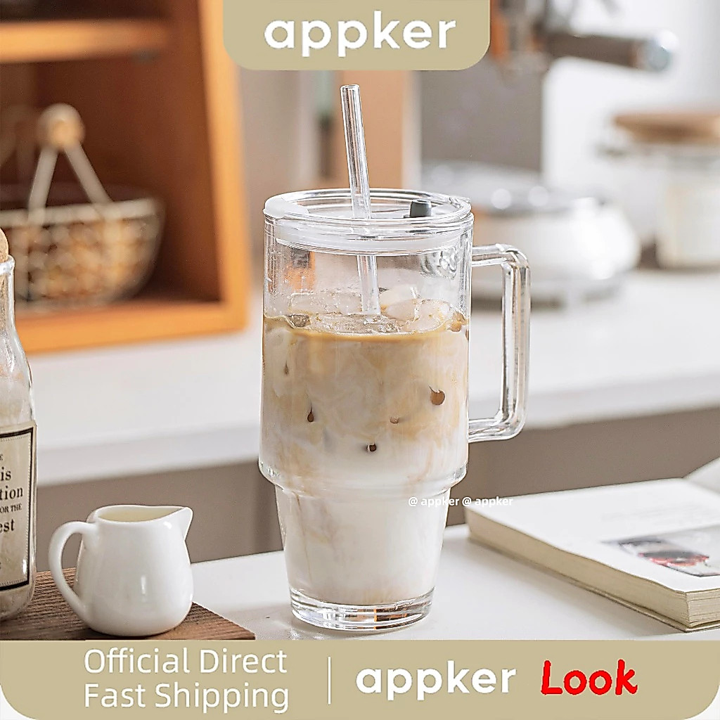 APPKER  แก้วใสความจุขนาดใหญ่ 24ออนซ์/700มล นํากลับมาใช้ใหม่ได้ มีหูหิ้วและฝาปิดเหมาะสําหรับกาแฟเย็นสมูทตี้น้ํา.ถ้วยเดินทางทนทานเครื่องล้างจานปลอดภัยชุดจับคู่