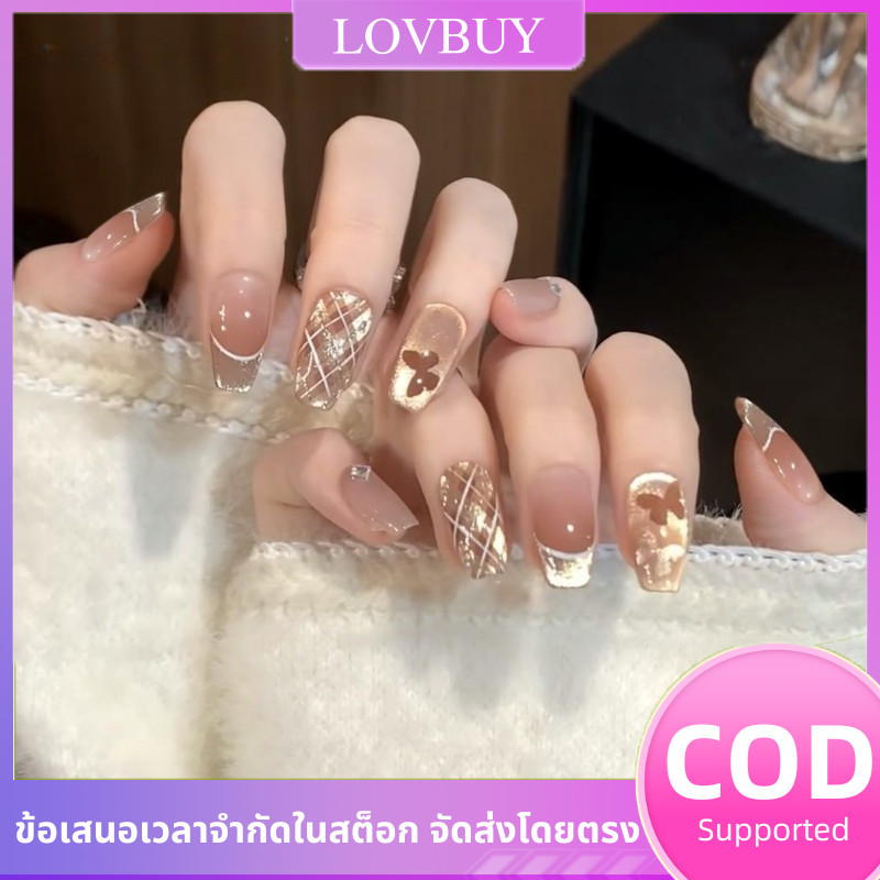 ✨COD✨ เล็บสวยลายสก็อตสีน้ำตาล ชุดเล็บกลมสั้นสไตล์หวานคูล สำหรับชีวิตประจำวันและเดท