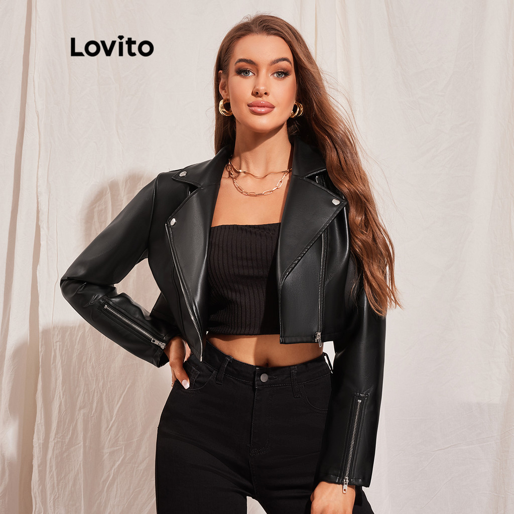 Lovito เสื้อแจ็คเก็ตลําลองซิปธรรมดาหนัง PU ปกคอ Moto เสื้อแจ็คเก็ตสําหรับผู้หญิง L45LD008 (สีดํา)