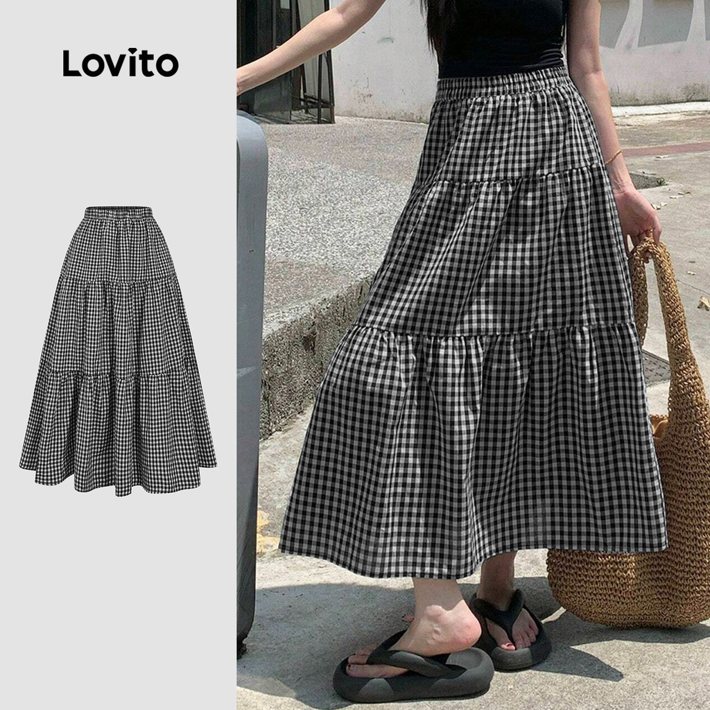 (Casual) Lovito กระโปรงแคชชวล ชั้น ๆ สำหรับฤดูใบไม้ผลิ/ฤดูร้อน สีดำและขาว สำหรับผู้หญิง L149LD012