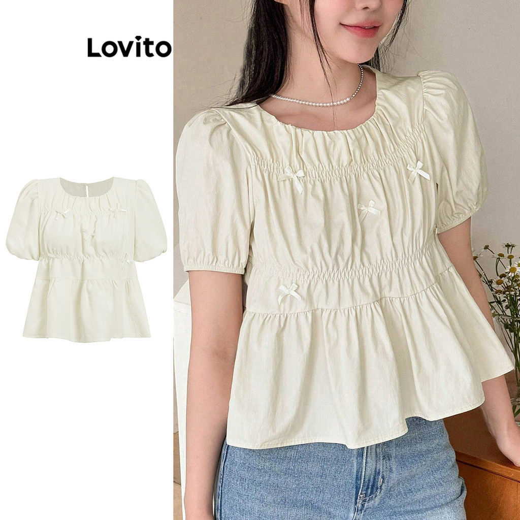 Lovito เสื้อเบลาส์ ผู้หญิง แต่งโบว์ สไตล์ลำลอง L106AD545