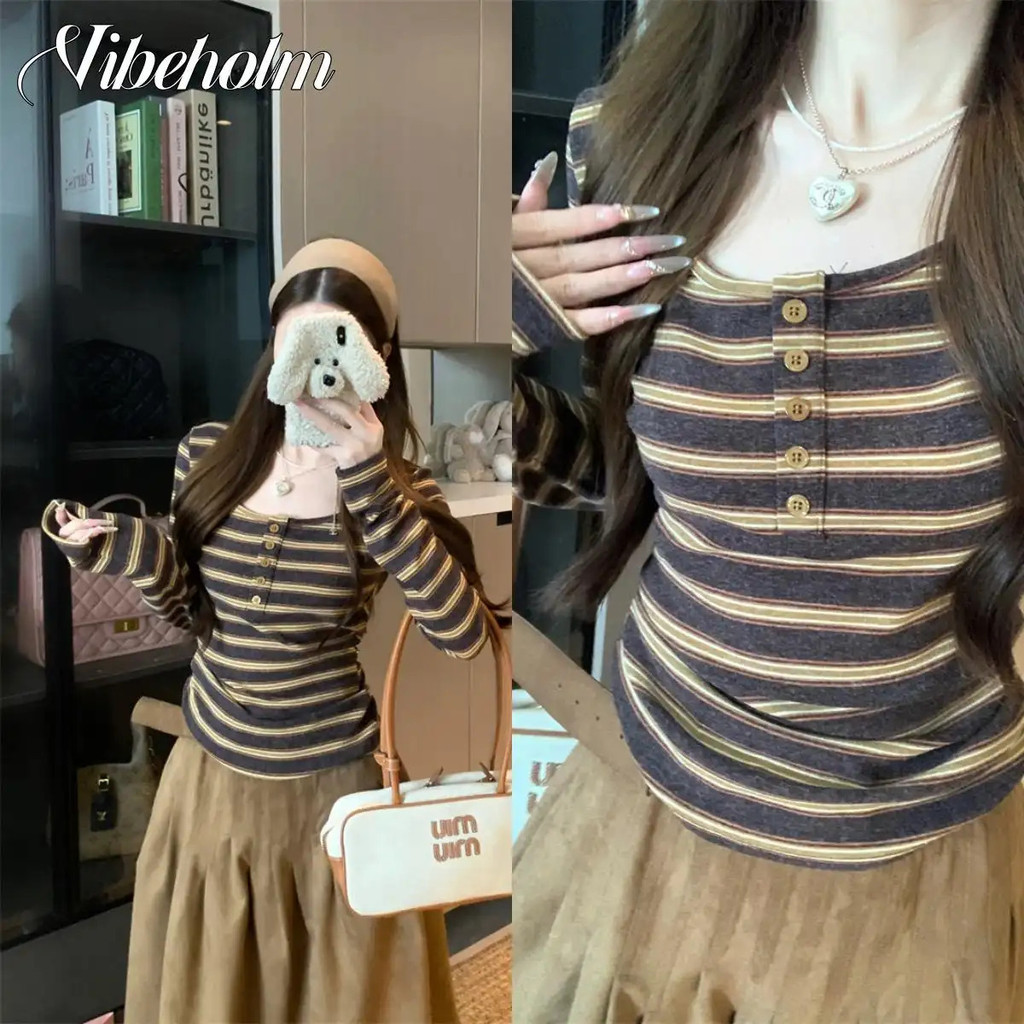 เสื้อเชิ้ตผู้หญิง บรรยากาศ สไตล์สาวฮอตลายสีตัดกันลายทางเหมาะกับฤดูใบไม้ร่วงดีไซน์ย้อนยุคแฟชั่นเข้ารูปใช้ได้เป็นเสื้อพื้นฐานเสื้อเปิดไหล่แขนยาวแฟชั.