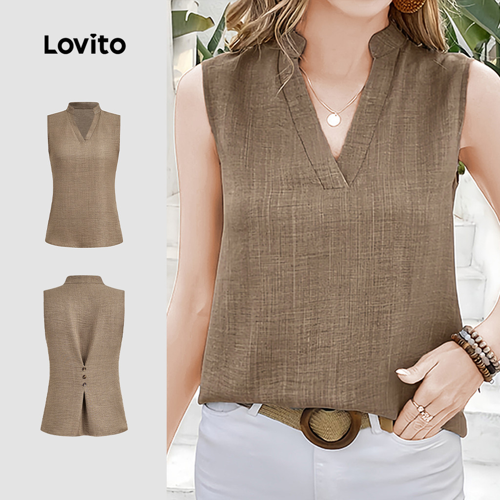 Lovito แคชชวล เสื้อเชิ้ตผู้หญิงแบบ ปุ่มสปริง/ซัมเมอร์ สีคากี L154ED445