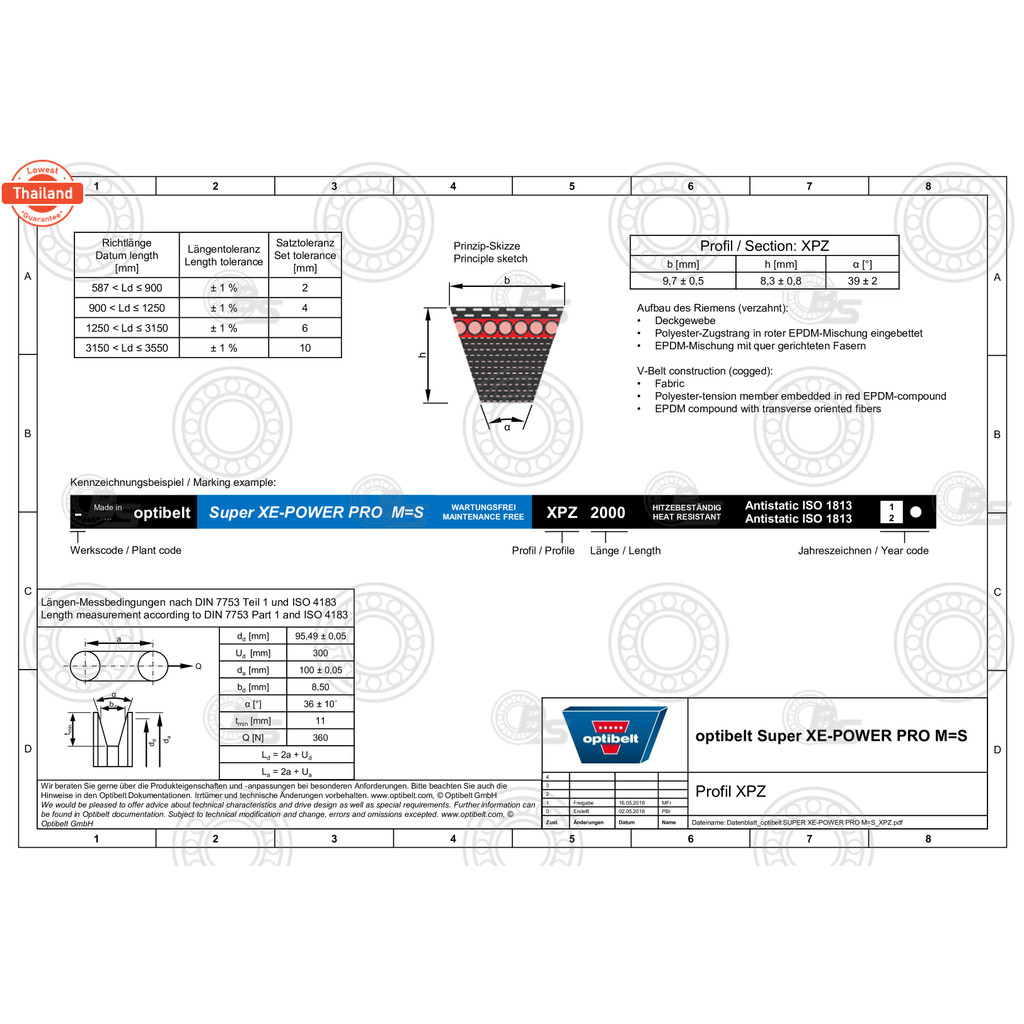 สายพาน วีเลท์ ร่องลึก V-BELT OPTIBELT BELT OPTIBELT เอร์XPZ 1587 XEP 9.70 x 8 มิล
