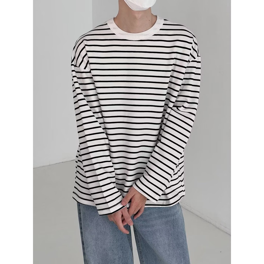 เสื้อยืดแขนยาวสไตล์เรโทรลายStripesสำหรับผู้ชาย สวมใส่ง่าย สบายๆ อเนกประสงค์