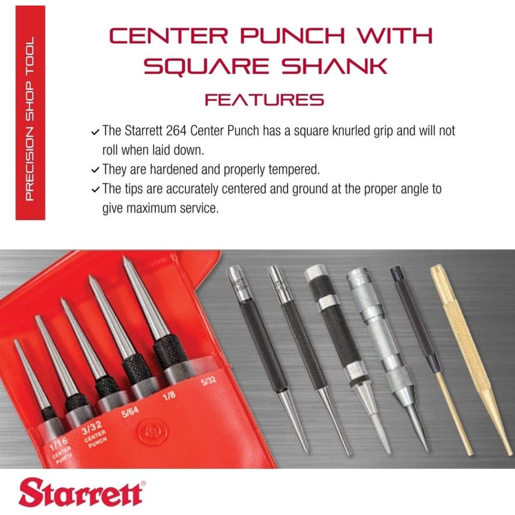 Starrett Steel Center Punch with Square Shank และ Knurled Finger Grip - เหล็กแข็งและนิรภัย ความยาว 3