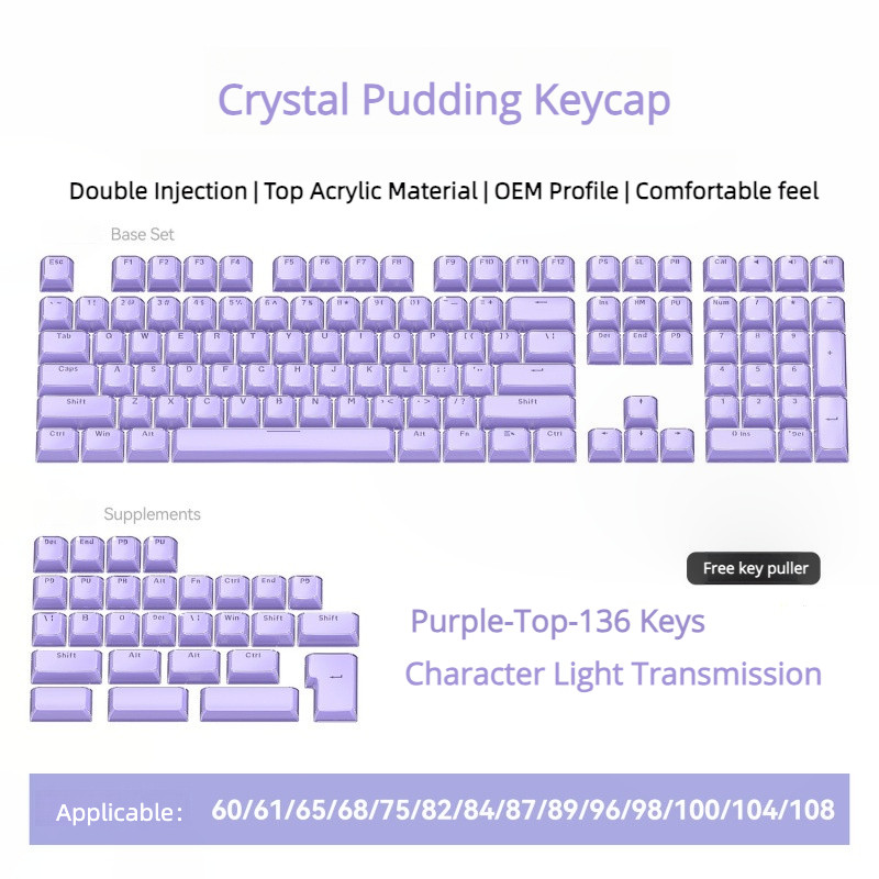 136 คีย์คริสตัล Jelly Keycap Top โปร่งแสง PBT ด้านข้าง Double-Layer Flow รูปแบบ Keycaps OEM Profile Top สําหรับคีย์บอร์ดเครื่องกล