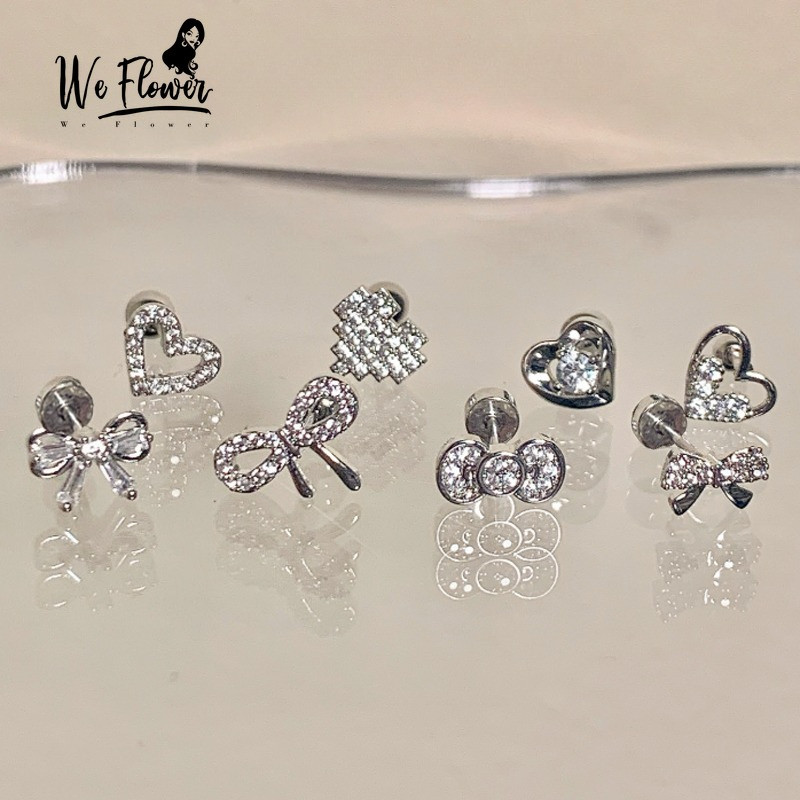 ต่างหูเงินSterling Silver 925 ลายหัวใจโบว์พร้อมคริสตัล เหมาะสำหรับผู้หญิงและสาวๆ ในแต่ละวัน