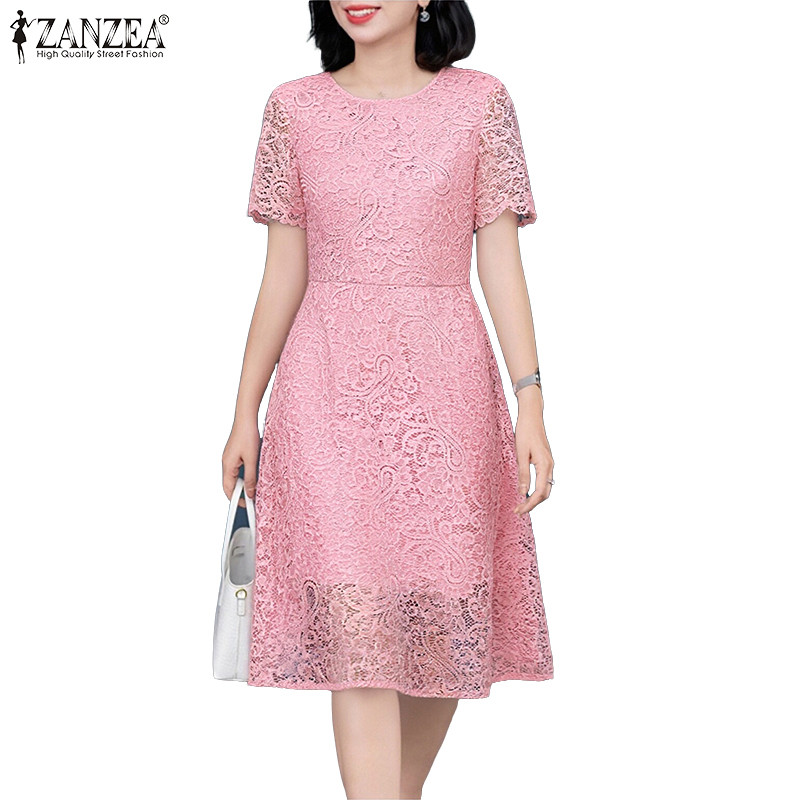 ZANZEA ชุดเดรสแขนสั้นคอกลมสไตล์เกาหลีสำหรับผู้หญิง ดีไซน์พิเศษพร้อมการประยุกต์ใช้เทคนิคลูกไม้