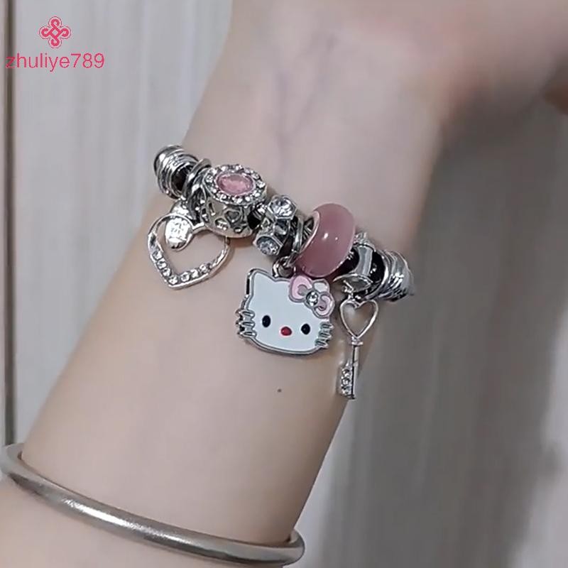 <zhuliye789>Sanrio Hello Kittyสร้อยข้อมือแฟชั่นอินเทรนด์สาวY2KกําไลKTแมวคริสตัลลูกปัดโซ่มือสําหรับผู
