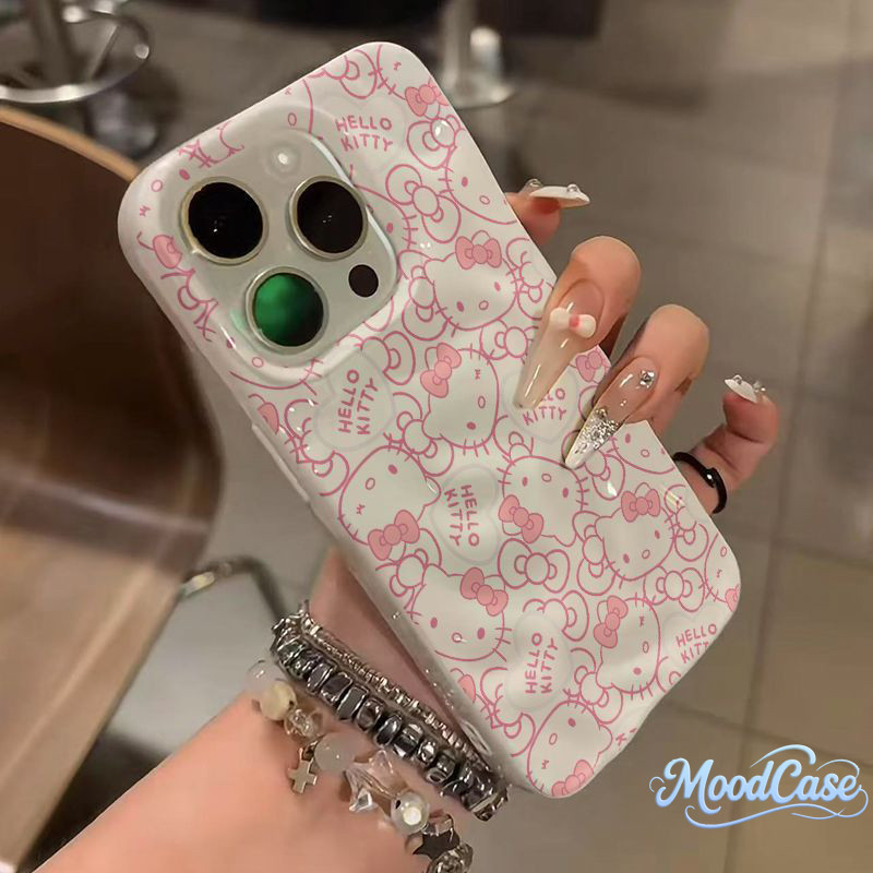เคสไอโฟน 11 สำหรับ IPhone 12 16 13 15 14 Pro Max 16 7 15 14 8 Plus X XR XS Max หวานสวัสดีคิตตี้ปมธนูปกคลื่นรัฟเฟิล