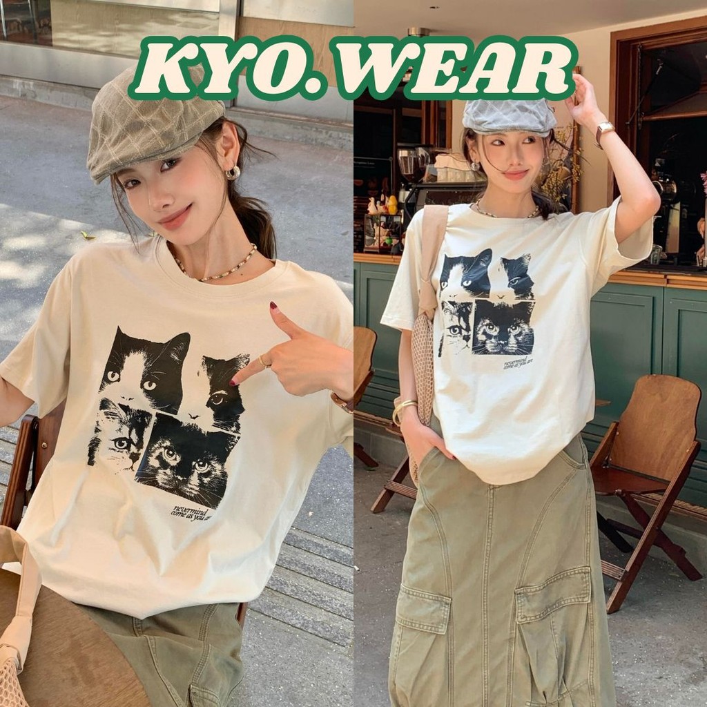 KYO เกาหลีสไตล์ ผู้หญิง เสื้อยืด OVERSIZE COTTON 100% โคตรนุ่ม "Black cat" พิมพ์ลาย ใส่ได้ทุกโอกาส ส่งจากไทย
