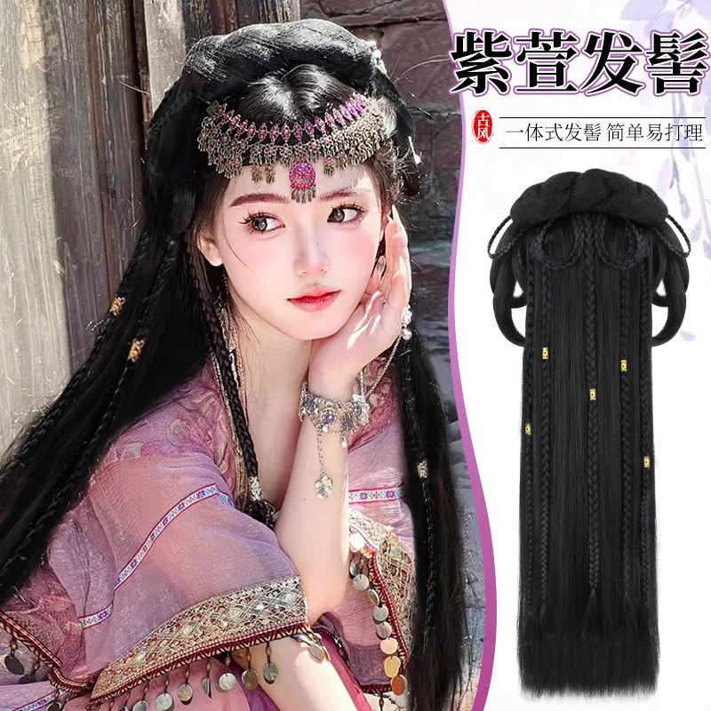 วิกผมแบบดั้งเดิมชิ้นเดียวสำหรับHanfu พร้อมทรงผมTwist BraidและBun ชุดเครื่องประดับตามแบบZixuan