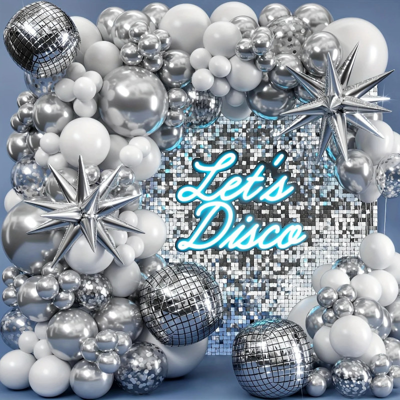 134ชิ้นเงินสีขาวบอลลูนชุดระเบิดดาวดิสโก้อลูมิเนียมฟอยล์โค้งบอลลูน ตกแต่ง วันเกิดพรรคตกแต่งงานแต่งงาน