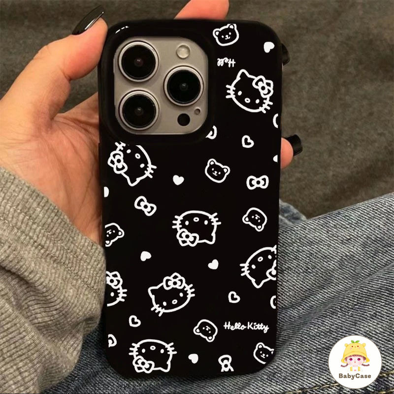 เคสไอโฟน 15 สำหรับ iPhone 13 11 16 12 Pro Max 16 15 8 7 Plus X XR XS Max การ์ตูนน่ารักสวัสดีคิตตี้หมีรักหัวใจที่หรูหรา