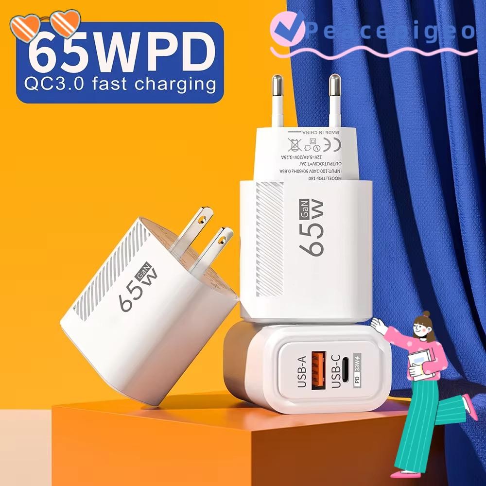 PEACEPIGEO 65W GaN ปลั๊กชาร์จ, Fast Charging USB A + C อะแดปเตอร์ชาร์จโทรศัพท์, PD Type C EU/US อุปกรณ์เสริม USB C Charger สําหรับ //