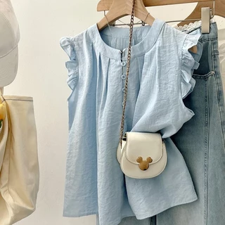 🌻Grace🌻 เสื้อแฟชั่นผู้หญิงไม่ต้องรีด เสื้อเชิ้ตคอกลมแขนกุด สีพื้น ตกแต่งกระดุม เสื้อครอปน่ารักๆสไตล์คุณหนู W641