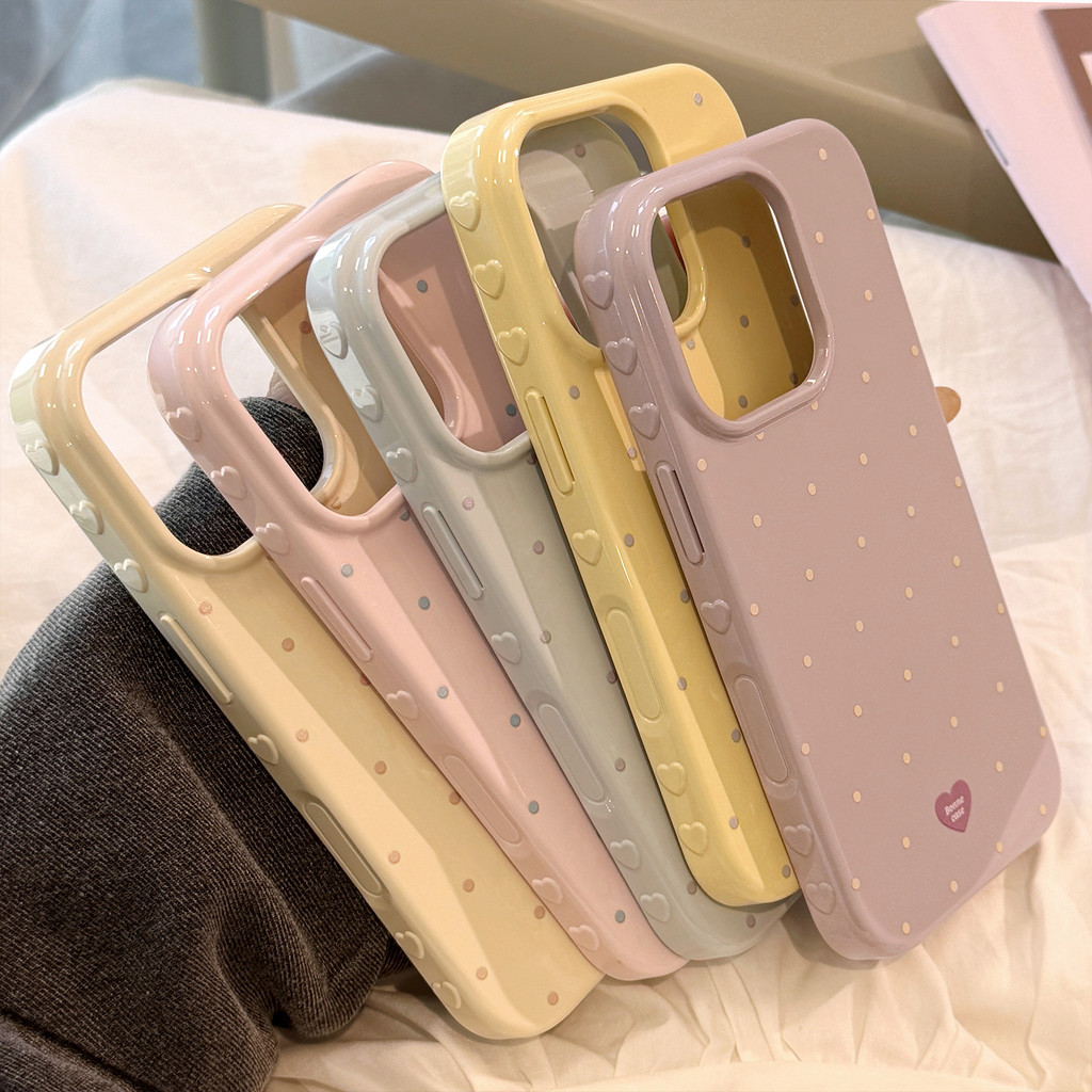 เกาหลี Ins Sweet Girly Beige สีขาว Wave Point Love Heart เคสโทรศัพท์สําหรับ iPhone 17Promax 16Promax 12 13 14 15 Pro Max กันกระแทกซิลิโคนเคลือบเงาผู้หญิงฝาครอบมือถือ