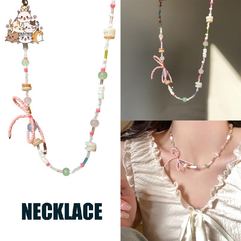 สร้อยคอลูกปัดสี Dopamine สร้อยคอโบว์ลูกปัดข้าวฟ่าง