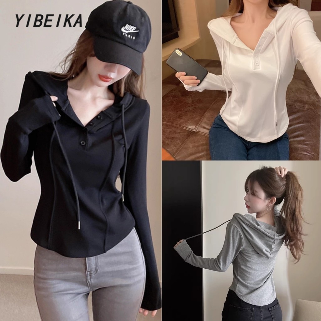 เสื้อยืดแขนยาวรัดรูป กระดุมใช้งานได้ขริง สาวอวบใส่ได้ สไตล์เกาหลี