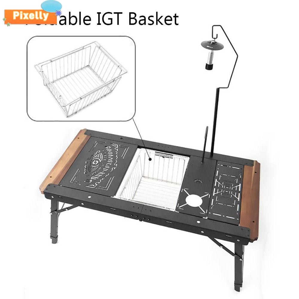 PIXELLY ตะกร้า IGT แบบพับได้, แบบพกพา 304 ตะกร้าท่อระบายน้ําสแตนเลส, มัลติฟังก์ชั่น IGT อุปกรณ์ตาราง Hollow Design Camping ตะกร้าปิคนิคกลางแจ้ง