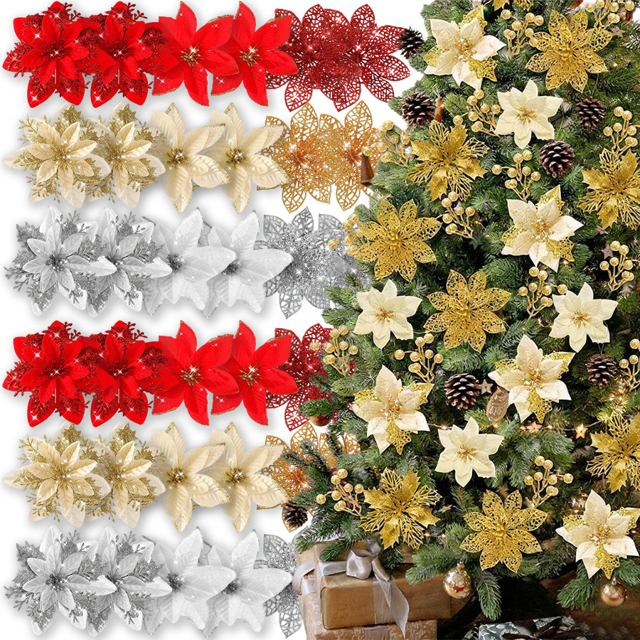 6-24PCS 3 สไตล์ 15 ซม.Poinsettia ดอกไม้พร้อมคลิปประดิษฐ์ต้นคริสต์มาสเครื่องประดับสําหรับพวงหรีดเตาผิงบันไดตกแต่ง