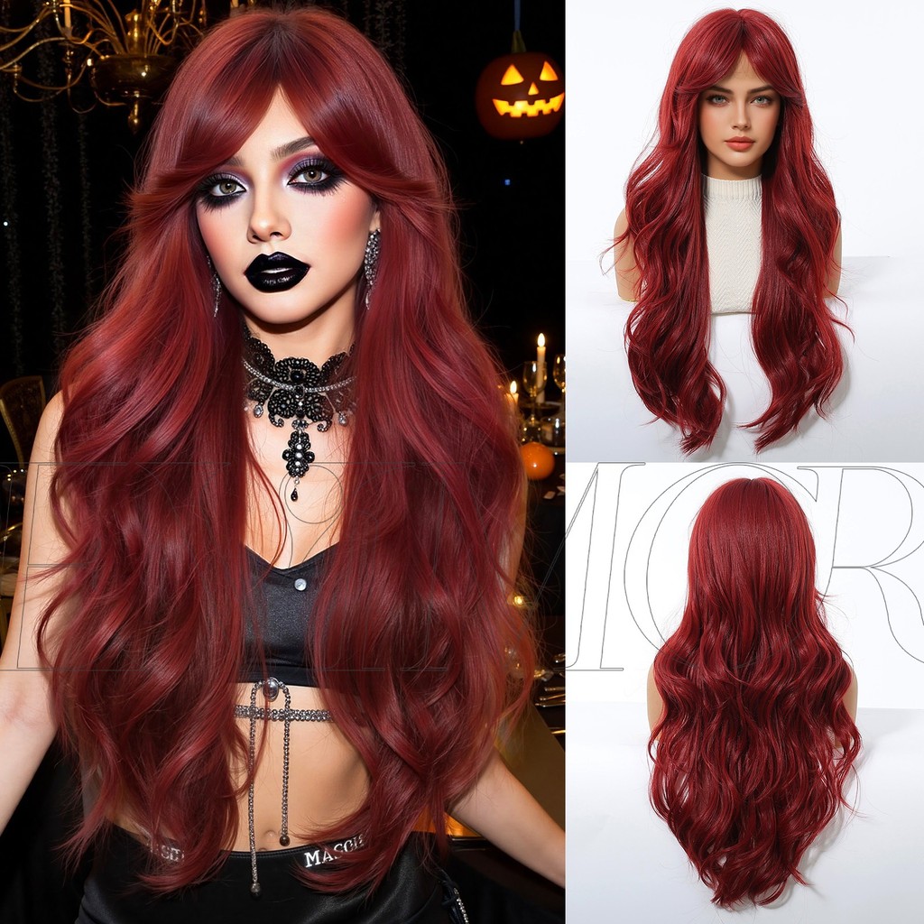 วิกผมคอสเพลย์แบบอเมริกันสไตล์ โทนสีไวน์แดง ผมหยick ทำจากผ้าไหมคุณภาพสูง