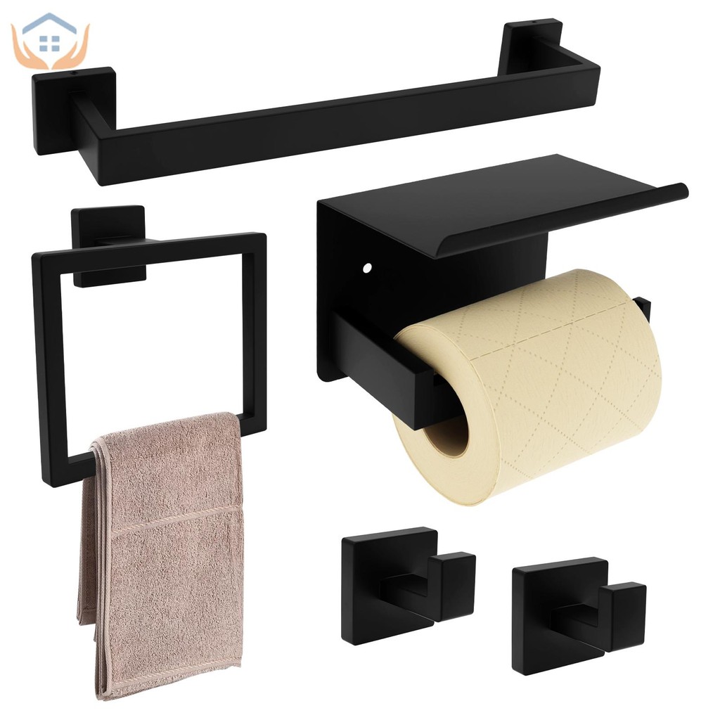 5ชิ้นสีดําด้านผ้าขนหนูบาร์ตะขอชุดสแตนเลสห้องน้ําชุดอุปกรณ์เสริมสําหรับโรงแรมที่บ้าน ร้านค้า5662