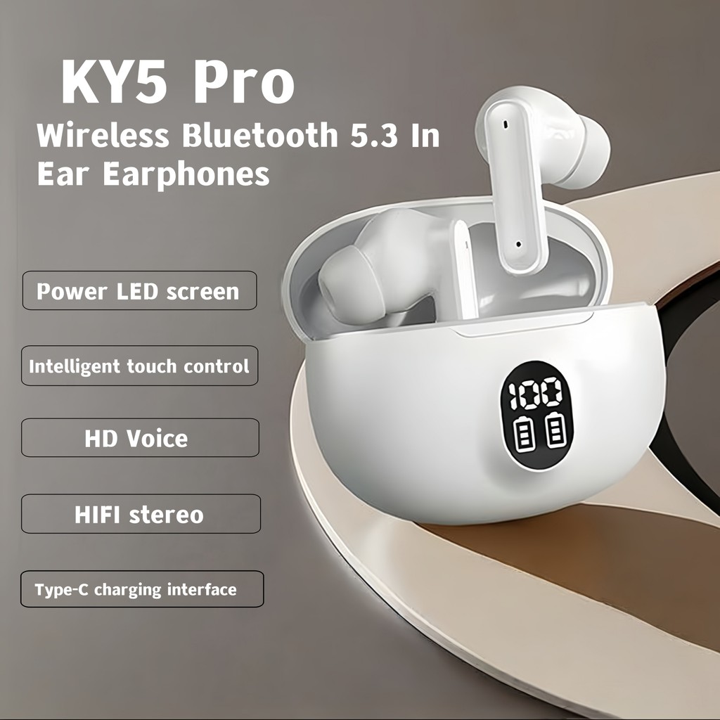 KY5 Pro ชุดหูฟังบลูทูธอินเอียร์ไร้สายที่แท้จริง, จอแสดงผลดิจิตอล LED แบตเตอรี่, โทรไมโครโฟนที่ชัดเจน, การควบคุมแบบสัมผัส