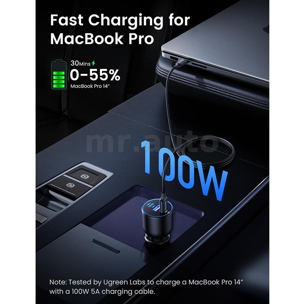 Auto UGREEN 130W USB C Car Charger PD 100W +PD 30W Type C Car Charger Adapter สําหรับ iPhone 16 16 P