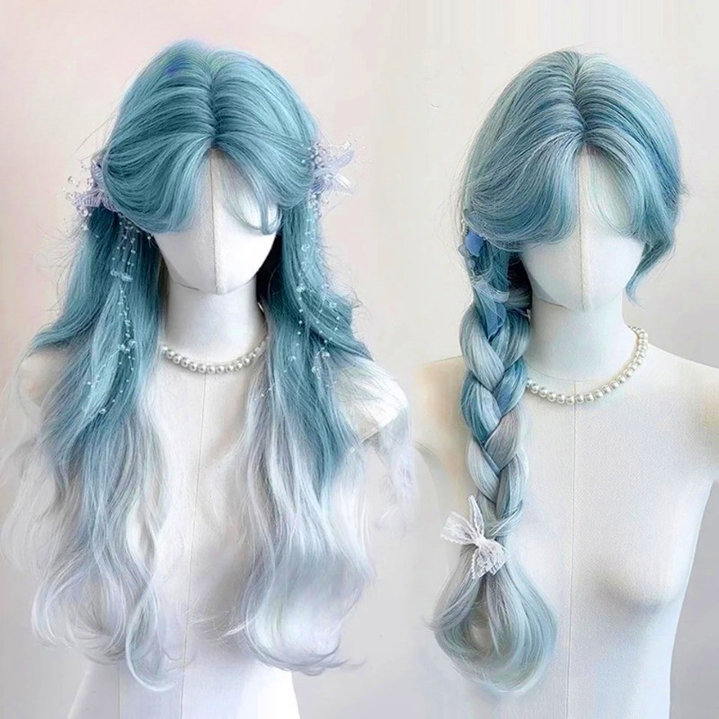 วิกผม Body Wave Ombre สีมินต์บลูลาวสำหรับคอสเพลย์ ทนความร้อนได้ มีทั้งแบบสำหรับผู้หญิงและผู้ชาย