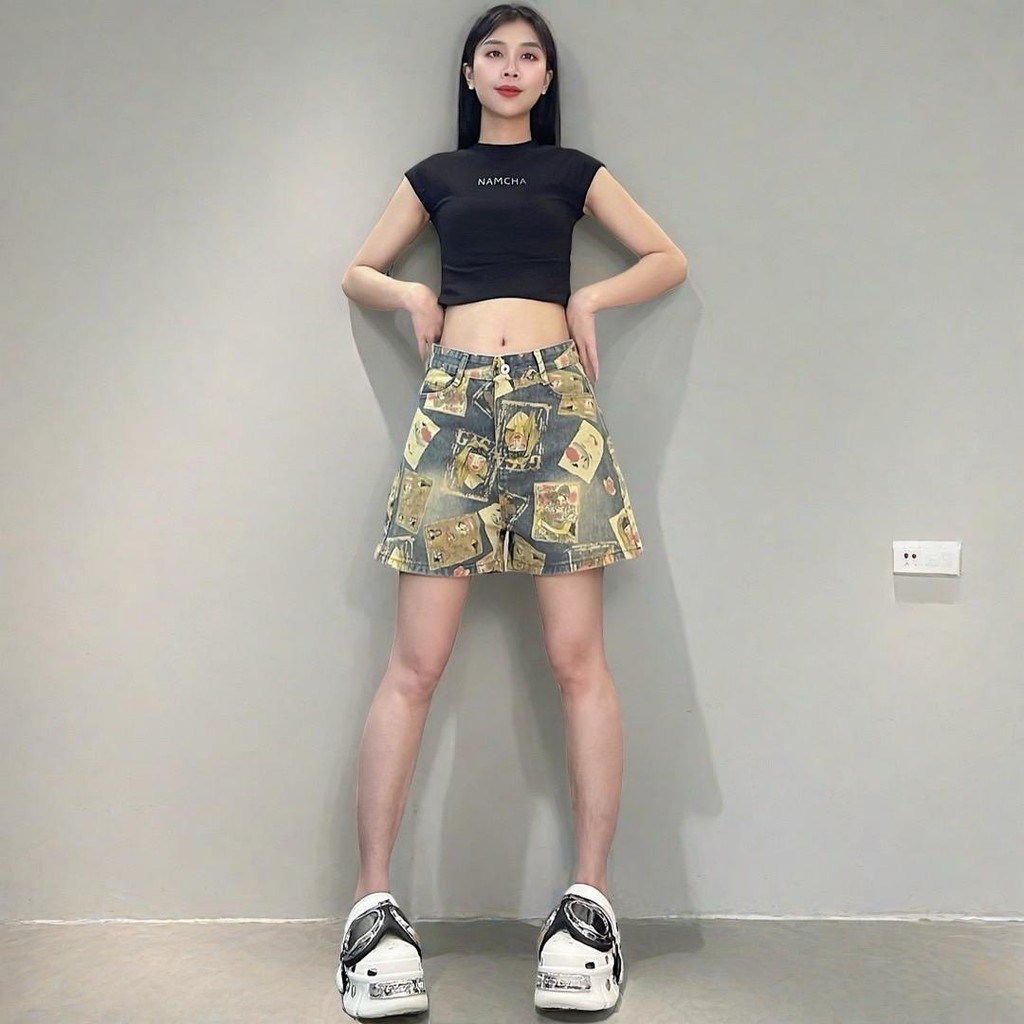 NAMCHA กางเกงยีนส์ กางเกงยีนส์ขาสั้นสกรีนลาย 2636