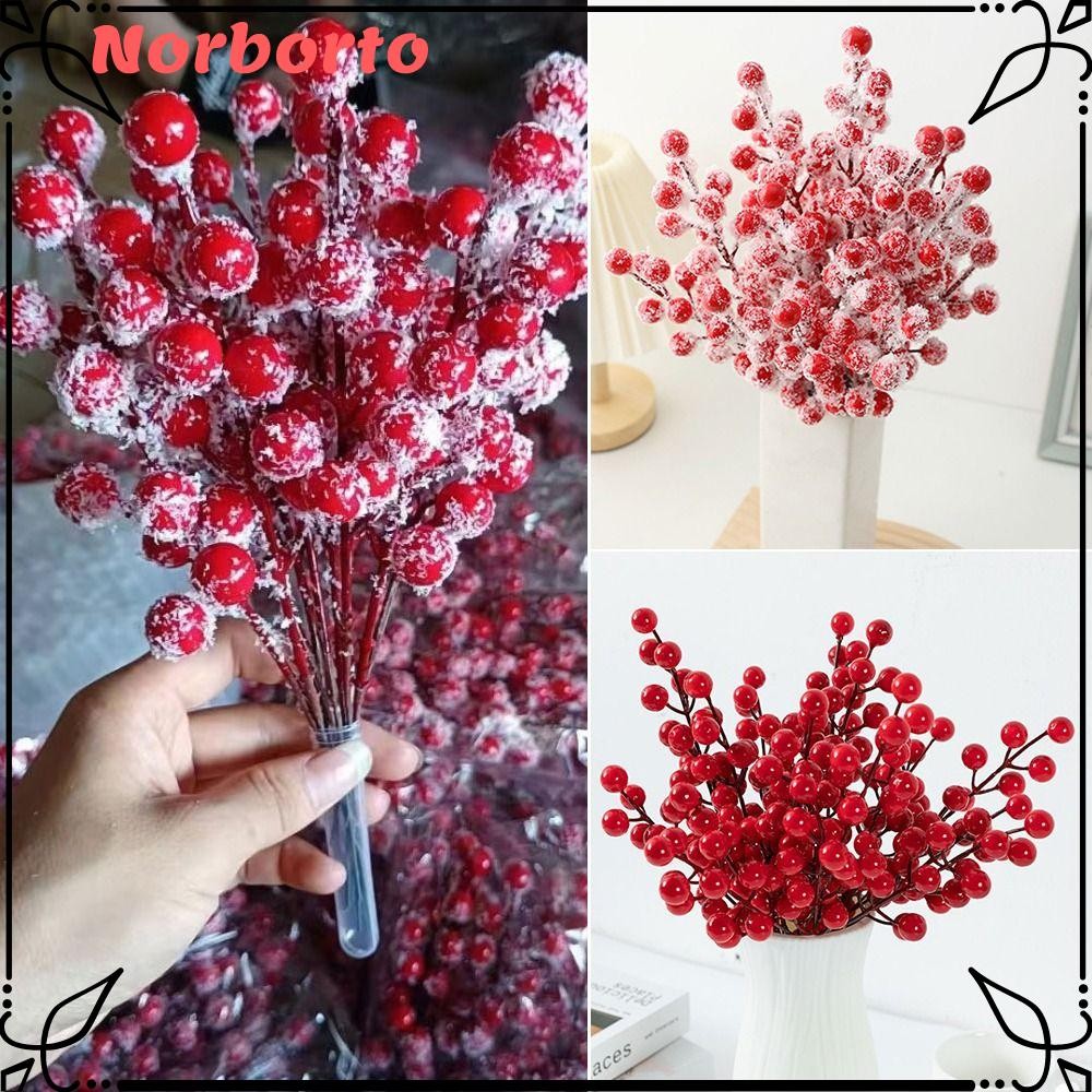 NORBORTO 10 ชิ้นสาขาเบอร์รี่สีแดง,สีแดงกับ Frost Christmas Berry สาขา,พรรคซัพพลายตกแต่งบ้านการจัดดอก