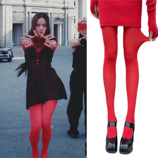 Jisoo SOLO FLOWER ME อัลบั้มอุปกรณ์ต่อพ่วงผ้าไหมสีแดงถุงน่องยาวถุงเท้าเลกกิ้งถุงเท้า