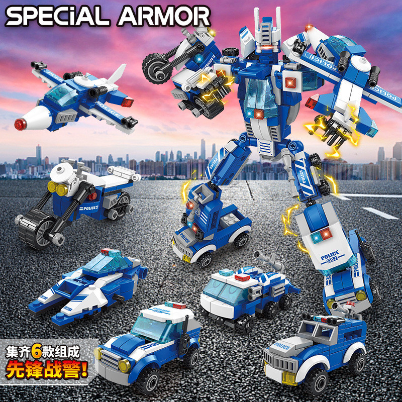 8868警察机甲拼装积木六合一女孩城堡模型变形工程车机器人摆件