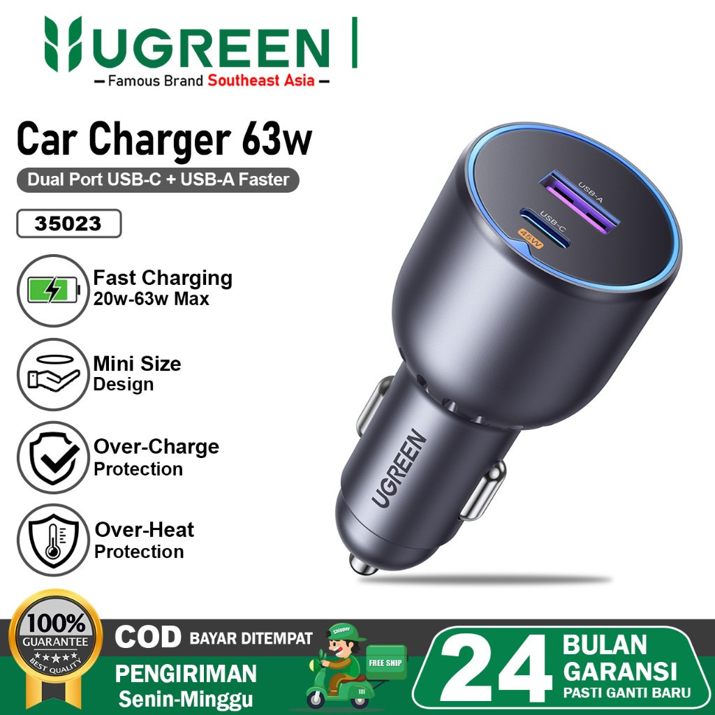 UGREEN Car Charger Dual Port USB A & Type C PD QC Fast Charging 63W 35023