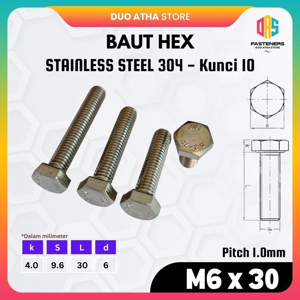 สแตนเลส M6x30 Hex Bolt / M6x30 SS304 เท่านั้น Bolt / M6x30 SUS304 Hexagon Bolt Key 10