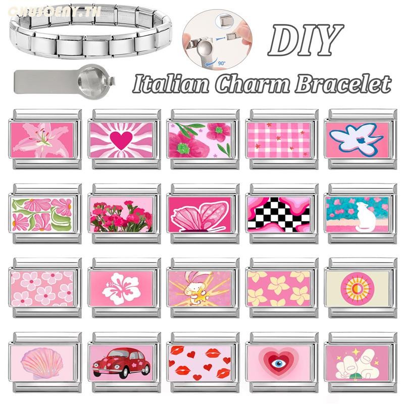 ภาพสีชมพูสไตล์ดอกไม้อิตาเลี่ยนสร้อยข้อมือ Charm Fit 9 มม.สร้อยข้อมือสแตนเลส DIY เครื่องประดับทําอุปกรณ์เสริมบุคลิกภาพโมดูลสร้อยข้อมือเครื่องประดับตกแต่ง