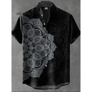 เสื้อแขนสั้นผ้าลินินสำหรับผู้ชาย ออกแบบใหม่ในสไตล์แอฟริกันทริบัล พร้อมลวดลายโทเท็ม เหมาะสำหรับคนชอบแฟชั่นเรโทร