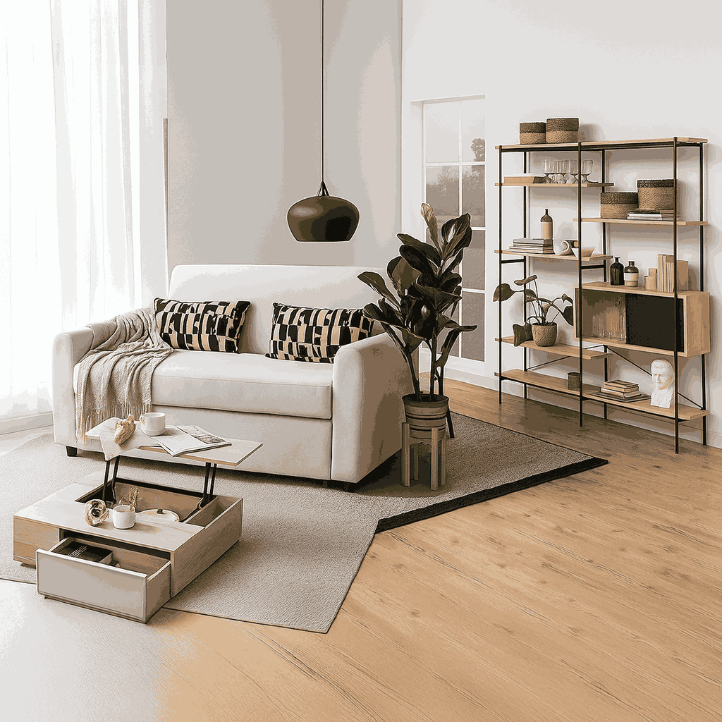 SB Design Square ชุดโซฟาเบด รุ่น Buddy & โต๊ะกลาง & ชั้นวางของ สีครีม  แบรนด์ ELLE DECOR X SB DESIGN