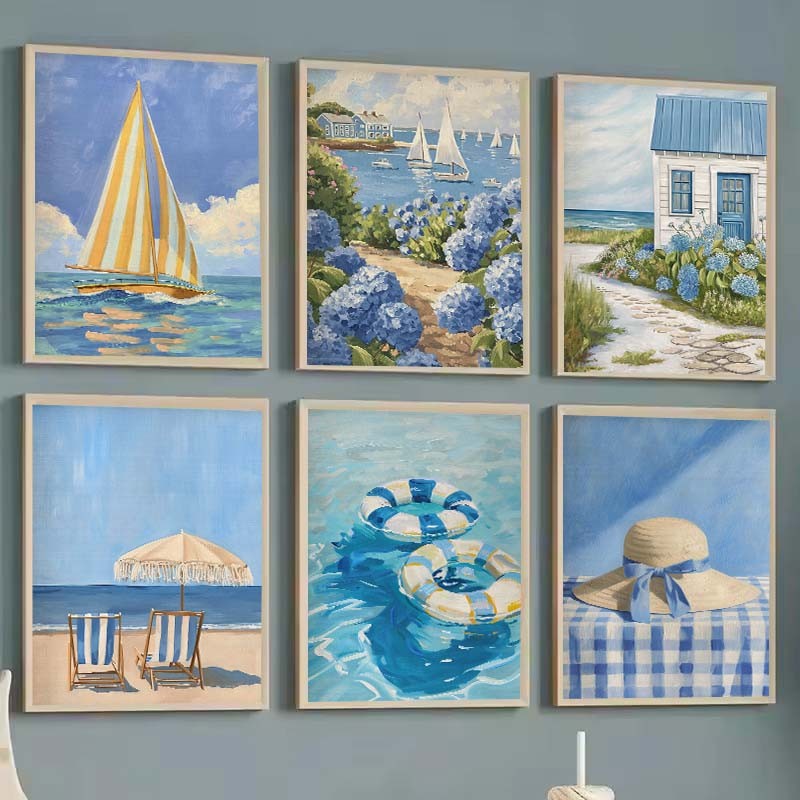 โปสเตอร์สไตล์มินิมอลริมทะเล พิมพ์บนผ้าใบ สีฟ้าขาวพร้อมดอกไฮเดรนเยีย