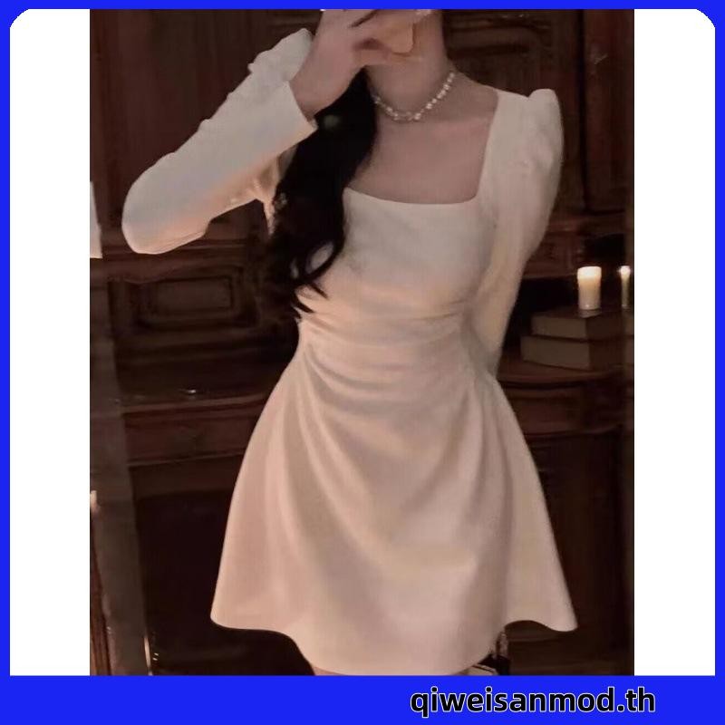 Gjcute ชุดเดรสแขนพัฟ คอสี่เหลี่ยม แขนยาว หรูหรา สีขาว สําหรับผู้หญิง WTD