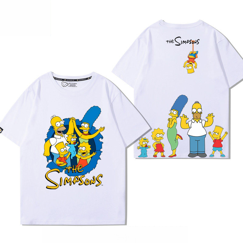 The Simpsons เสื้อยืดแขนสั้นสีขาวการ์ตูนอเมริกัน Simpsons แฟชั่น All-Match หลวมเสื้อยืด