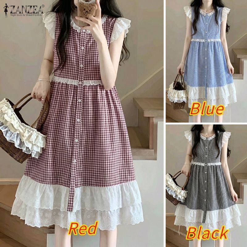 ZANZEA ชุดเดรสคอกลมลําลองสไตล์เกาหลีของผู้หญิง Ruffles Patchwork Checkered Dress — صورة 3